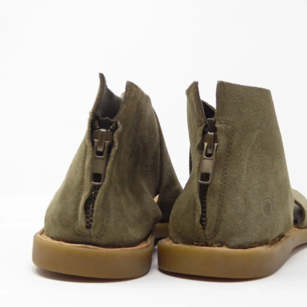 Born Womens Iwa Crisscross Sandals Green Suede Leather Back Zip Flat 8M